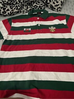 Source Unknown Red, Green & White Striped Rugby Polo